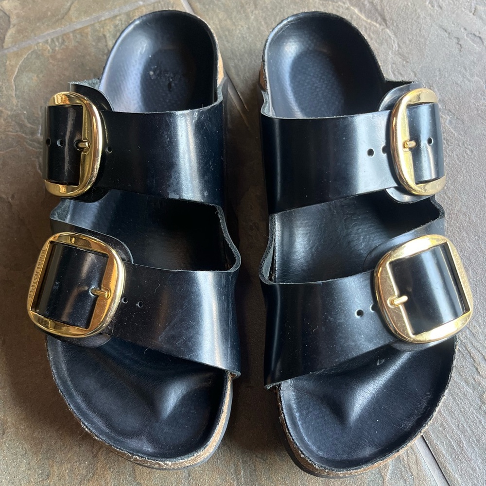 Birkenstock Women's Black Sandals with Gold Buckles